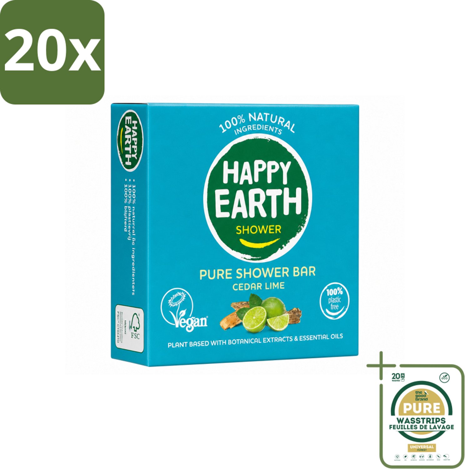 20 x Happy Earth – Shower Bar – 100% Natuurlijk Cedar Lime – 90 g - Wasstrips - Douchegel - Natuurlijke Douchegel - Ceder En Limoen - Sheaboter - Amandelolie