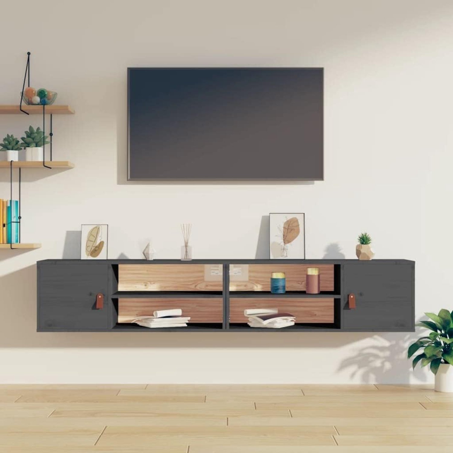 Zwevende planken wandkasten 2 stuks grijs 80x30x30 cm massief hout grenen voor woonkamer keuken kantoor badkamer
