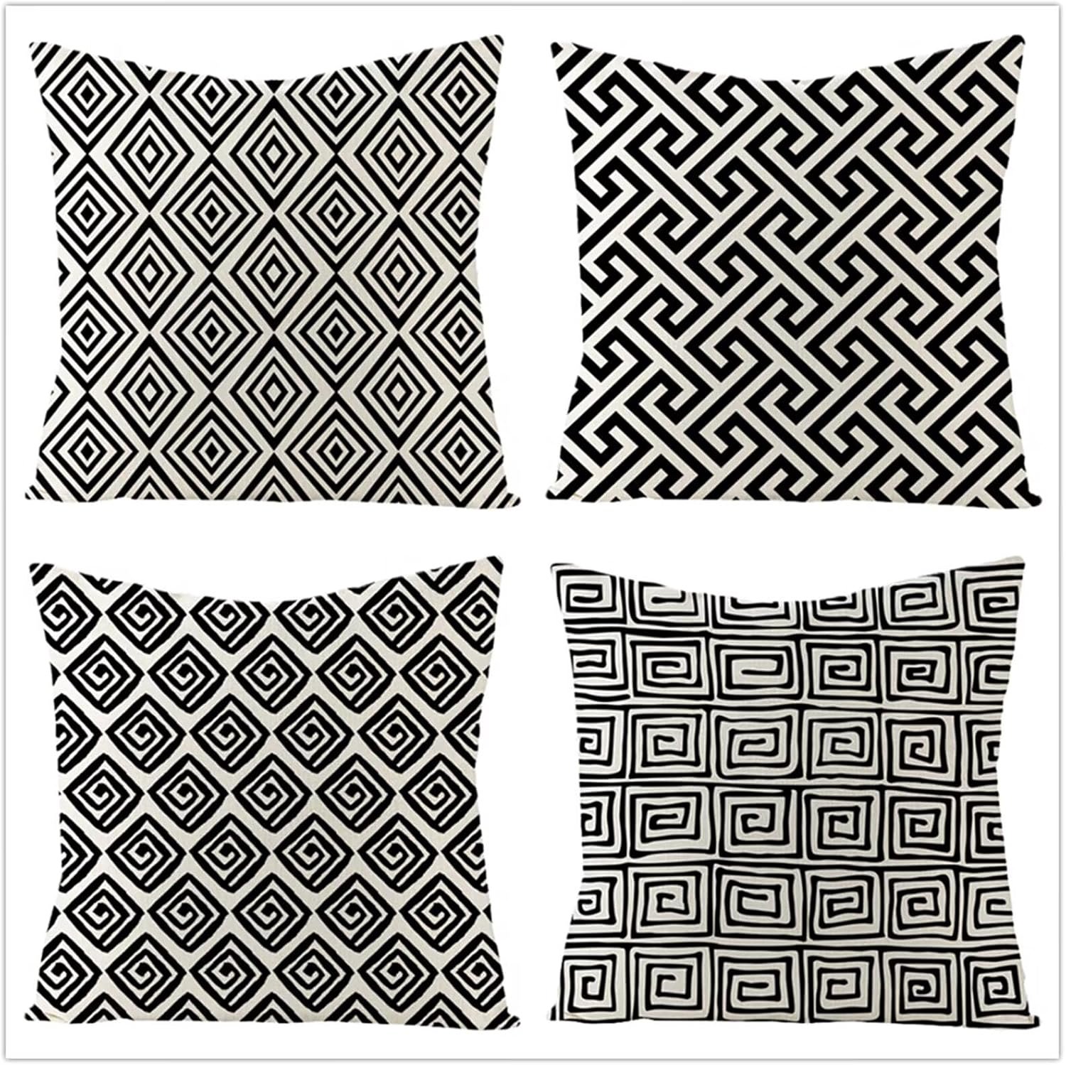 55 x 55 cm, zwarte geometrische tuinkussens 55 x 55 cm, zachte kussenhoes voor buiten, linnen, zachte kussenhoes met onzichtbare ritssluiting voor sofa, stoel, woonkamer, set van 4