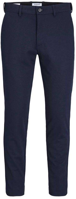 Donkerblauwe Jack & Jones Marco Cooper chino met een knoopsluiting en riemlussen in een klassieke snit.