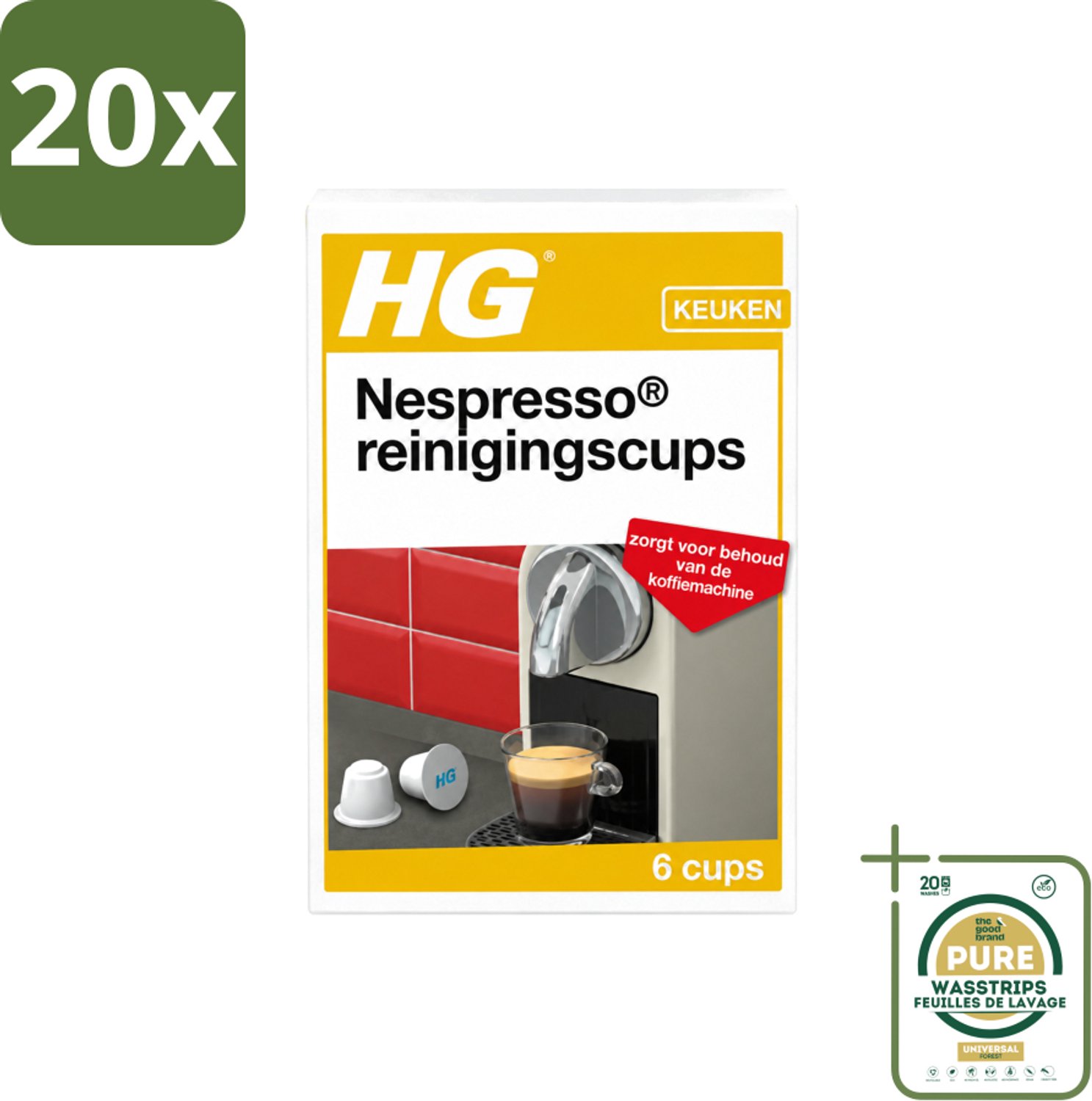 20 x HG - Nespresso Reinigingscups - Verwijdert Grondig Vet & Aanslag - 6 Reinigingscups - Wasstrips - Nespresso Reinigen - Koffie Reinigen - Koffie Cuphouder Reinigen - Koffievet Reinigen - Koffie Smaak Behouden
