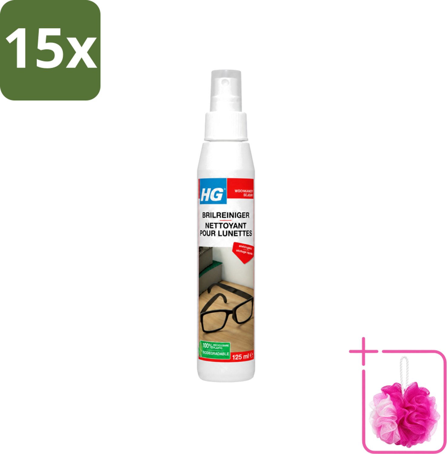 15 x HG - Brilreiniger - Voor Glasheldere Lenzen - 125 ml - Bulkverpakking - Bril reinigen - Douchemop - Glas reinigen