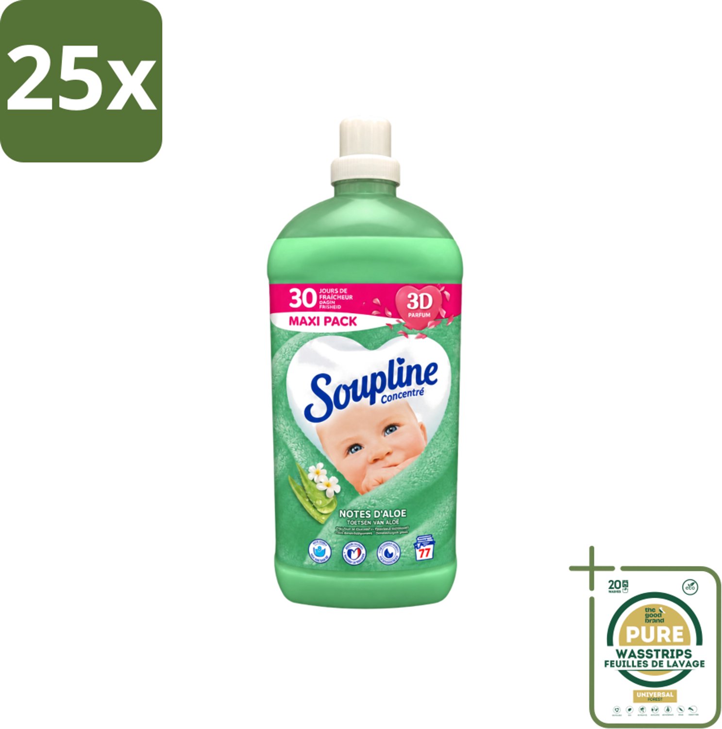 25 x Soupline - Wasverzachter - Aloë Vera Concentraat - 77 Wasbeurten - Wasstrips - Wasverzachter Aloë Vera - Wasverzachter Voor Kleding - Aloë Vera Wasverzachter - Zachte Wasverzachter - Wasverzachter Voor Gezin