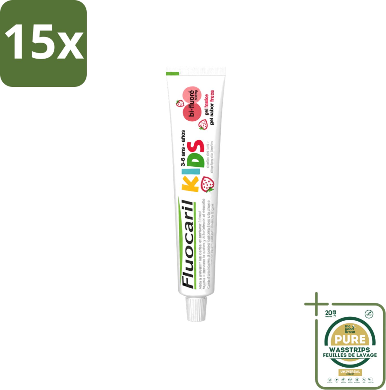 15 x Fluocaril Kids - Bi-Fluoride - Tandpasta - Met Aardbeiensmaak - 3 tot 6 jaar - 50 ml - Wasstrips - Tandpasta Voor Kinderen - Melktanden Beschermen - Bi-fluoride Tandpasta - Aardbeiensmaak Tandpasta - Tandenpoetsen Voor Kinderen