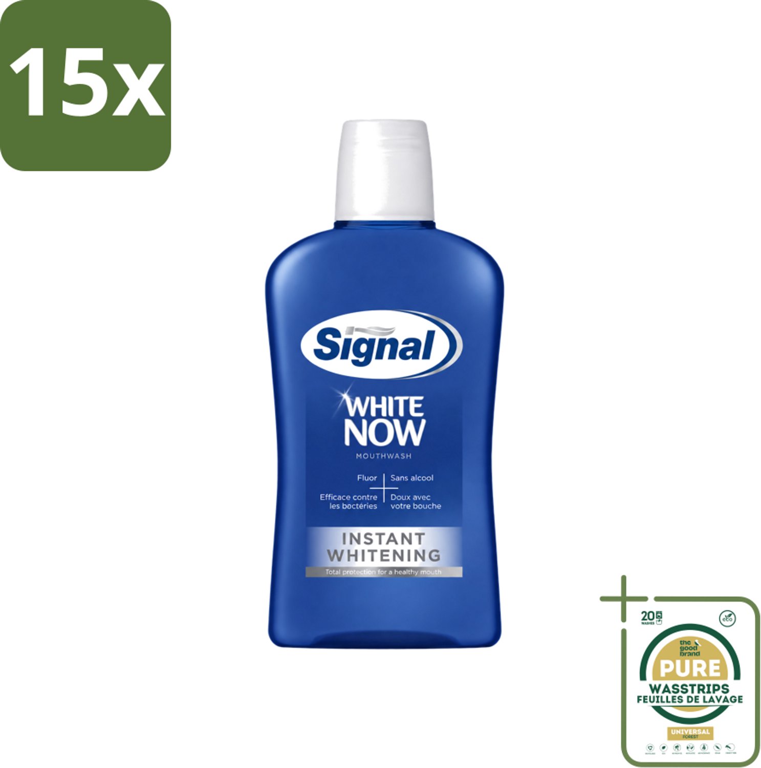 15 x Signal - White Now - Mondwater - 0 % Alcohol - 500 ml - Wasstrips - Mondwater - Mondverzorging - Fluoride - Tandplak - Bacteriën