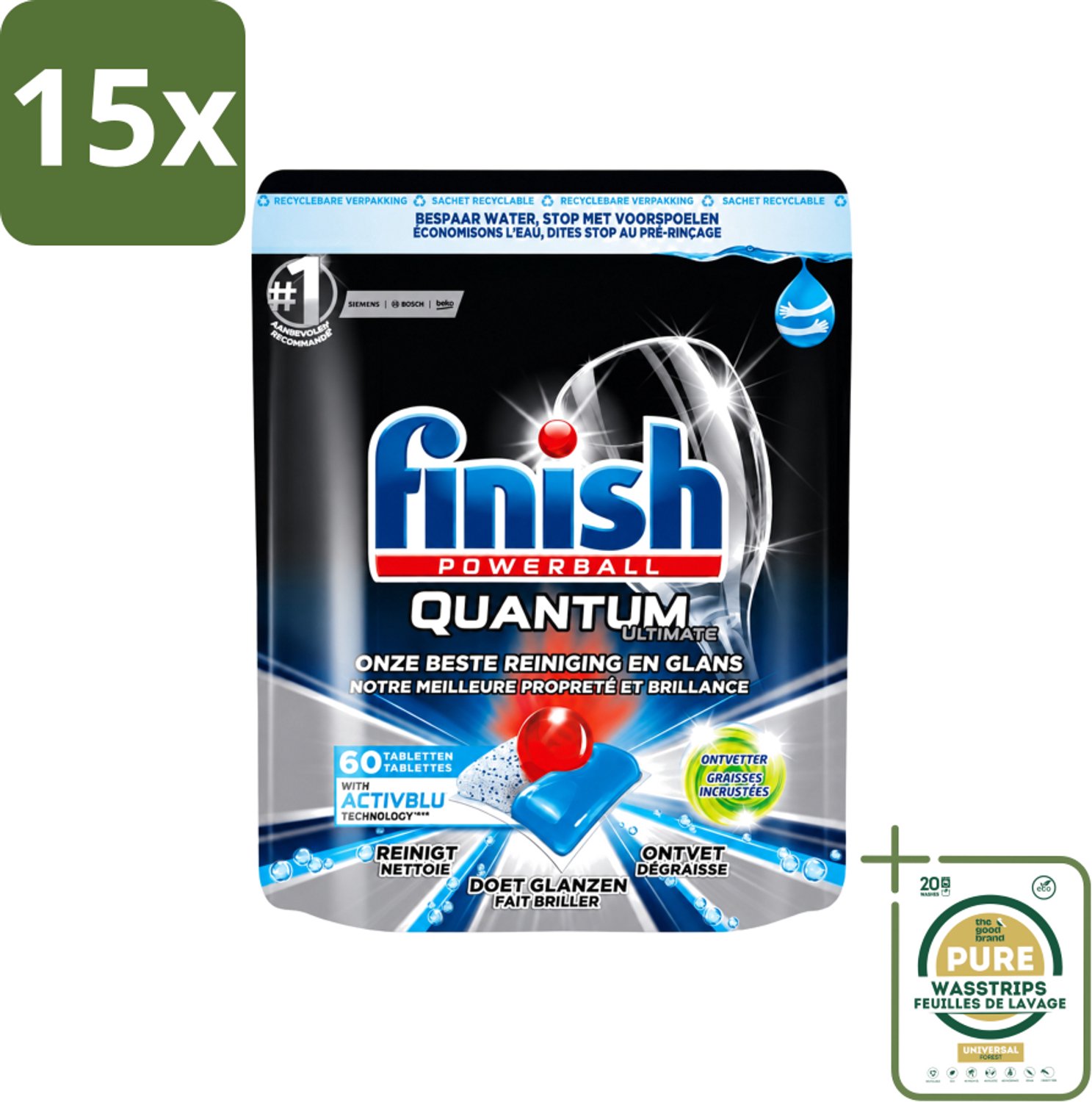 15 x Finish Powerball - Quantum Ultimate - Vaatwastabletten - Ontvetter - 60 Tabletten - Wasstrips - Vaatwasmiddel - Vaatwastablet - Ontvetter - Vaat Reinigen - Vaatwasser