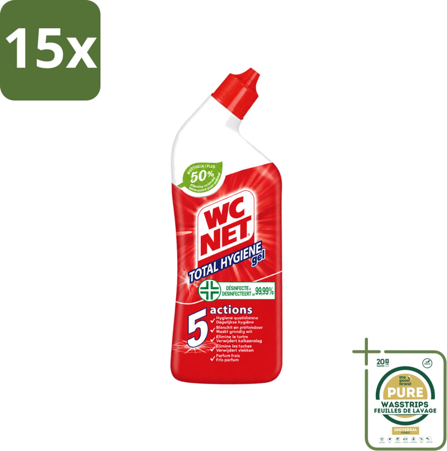 15 x WC Net - Toiletreiniger - Gel - Ontkalkt En Verwijdert Vlekken - 750 ml - Wasstrips - WC Net - Toilet Reinigen - Kalk Verwijderen - Toilet Reinigingsgel - Toilet Hygiëne