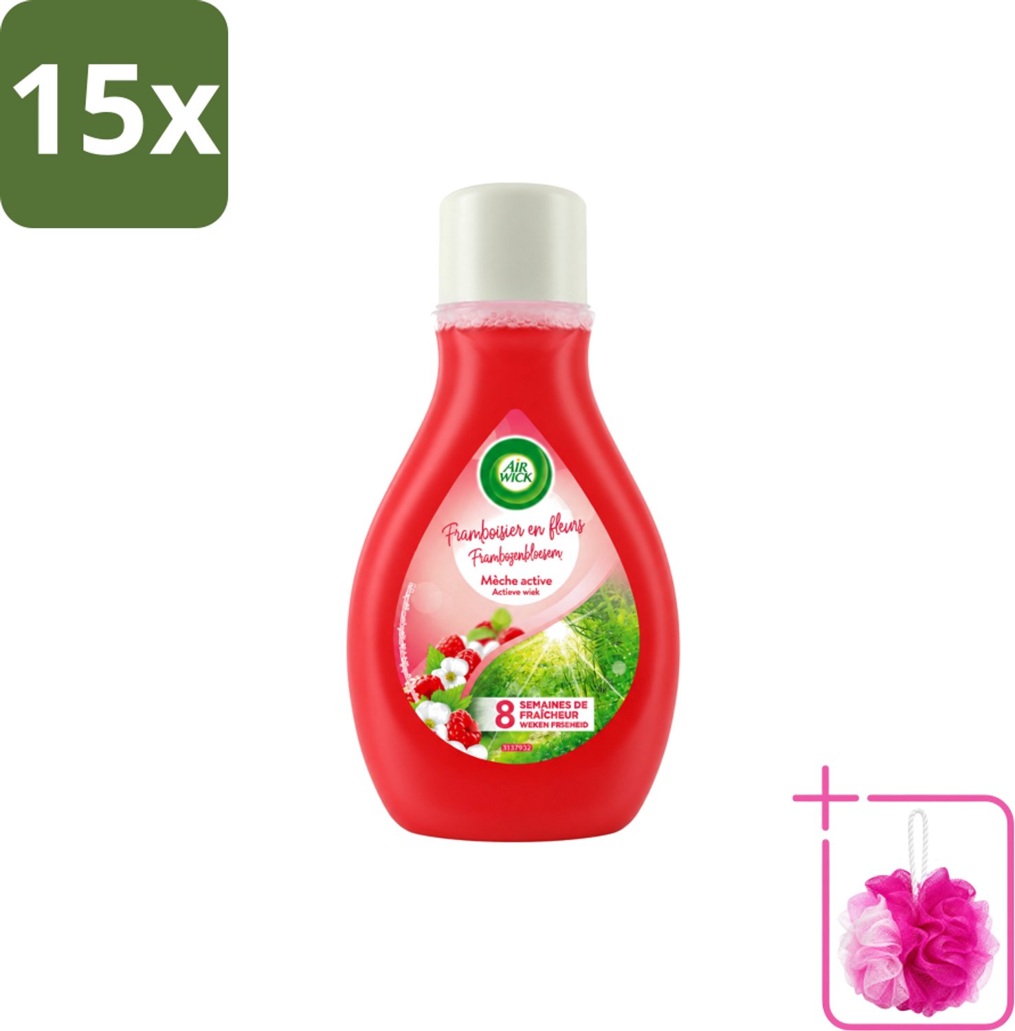 15 x Air Wick – Luchtverfrisser – Actieve Wiek Framboos & Bloesem – 375 ml - Bulkverpakking - Luchtverfrisser - Douchemop - Geur
