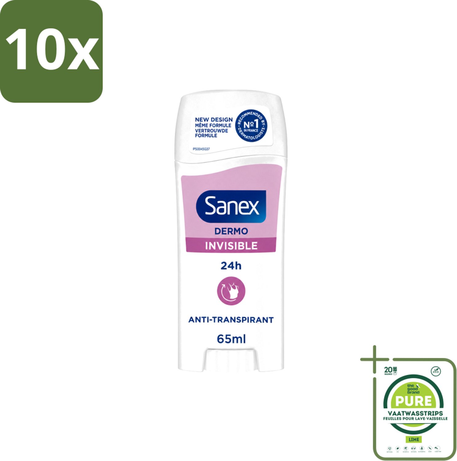 10 x Sanex – Deodorant Stick – Dermo Invisible – 65 ml - Grootverpakking - Vaatwasstrips - Onzezichtbare Deodorantstick - Deodorantstick - Onzichtbare Deodorant - Huidvriendelijke Deodorant - Frisheid