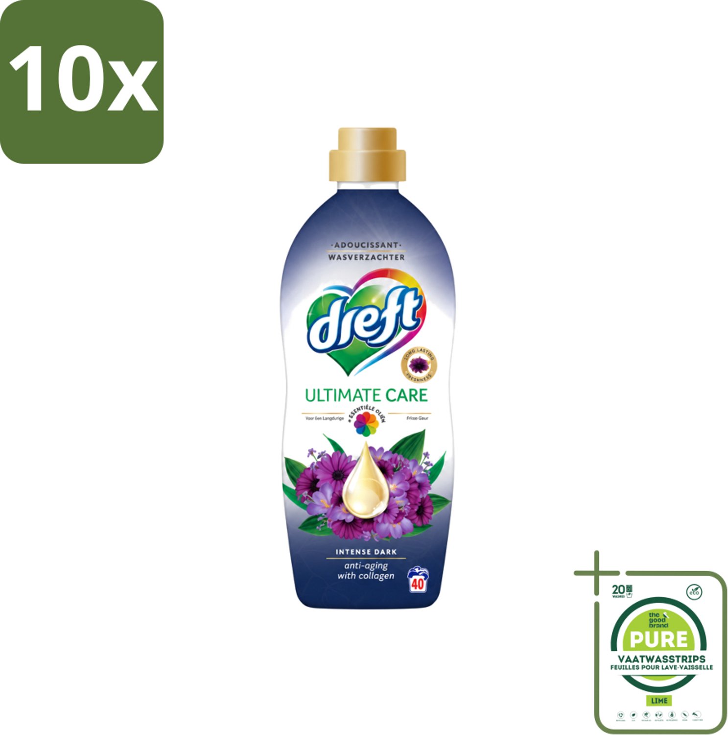 10 x Dreft – Wasverzachter – Ultimate Care Intense Dark – 40 Wasbeurten - Grootverpakking - Vaatwasstrips - Wasverzachter - Kleurbescherming - Collageen - Wasgoed Verzorgen - Anti-aging Was