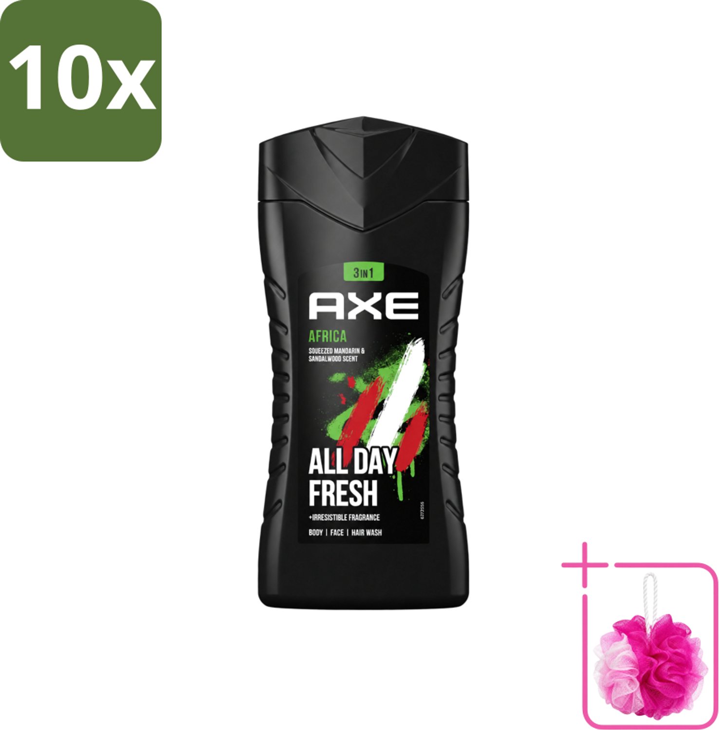 10 x Axe - 3-in-1 Douchegel - Africa - Squeezed Mandarin & Sandalwood - 12hrs Long Lasting Scent - 250 ml - Bulkverpakking - Douchegel - Douchemop - Geur mandarijn en sandelhout