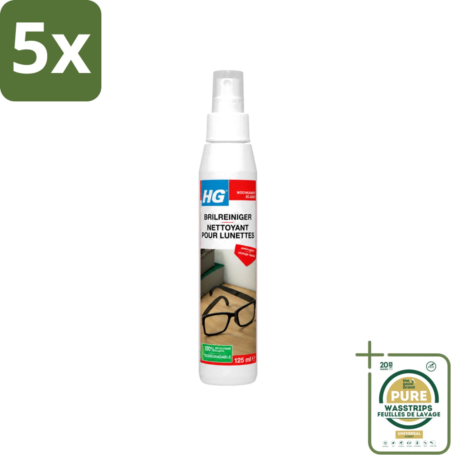 5 x HG - Brilreiniger - Voor Glasheldere Lenzen - 125 ml - Wasstrips - Bril Reinigen - Glas Reinigen - Lenzen Reinigen - Brillen Reinigen - Vuil Verwijderen