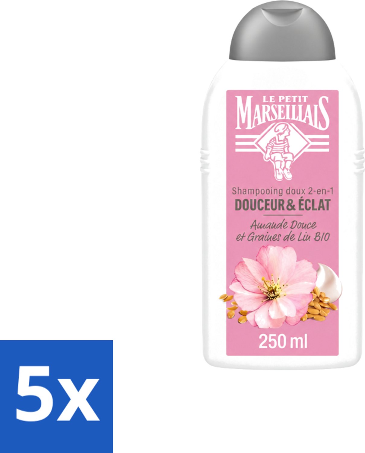 5 x Le Petit Marseillais – Shampoo – Amande Douce & Graines de Lin Bio – 250 ml - Voordeelverpakking - 5 stuks