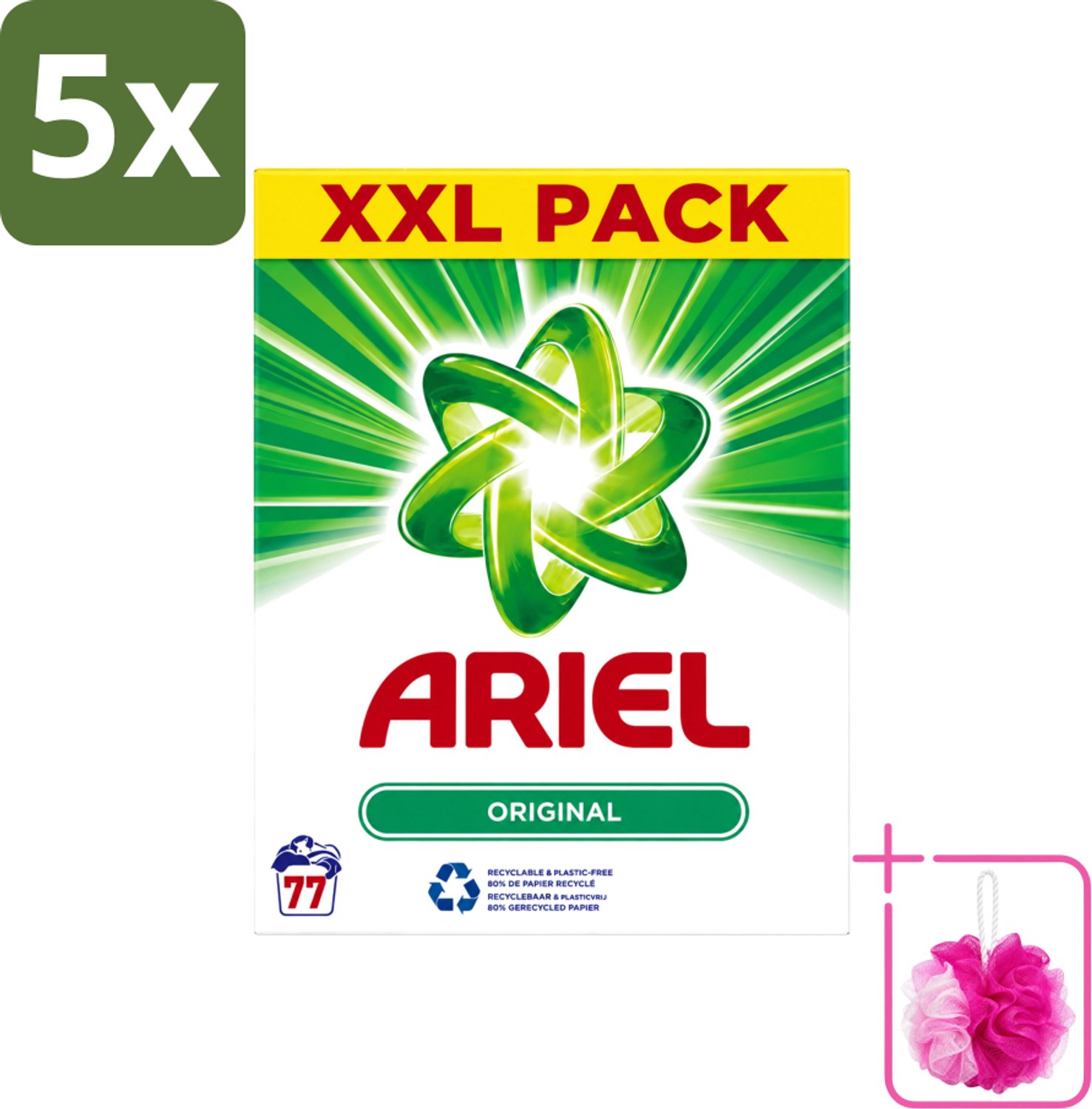 5 x Ariel Original XXL - Waspoeder - Witte en Lichtgekleurde Was - 77 Wasbeurten - Bulkverpakking - Waspoeder - Douchemop - Wasmiddel