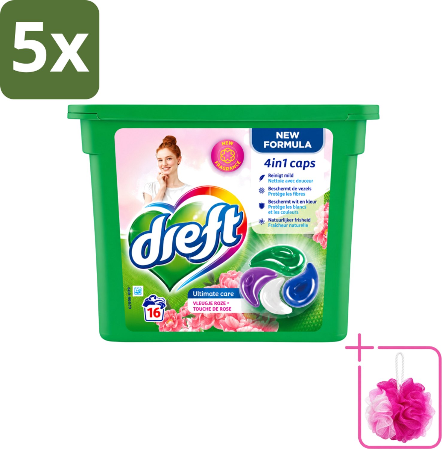 5 x Dreft - Nieuwe Formule - Wasmiddelcapsules 4in1 - Witte en Gekleurde Was - Vleugje Roze - 16 Wasbeurten - Bulkverpakking - Wasmiddelcapsules - Douchemop - Wasbeurten