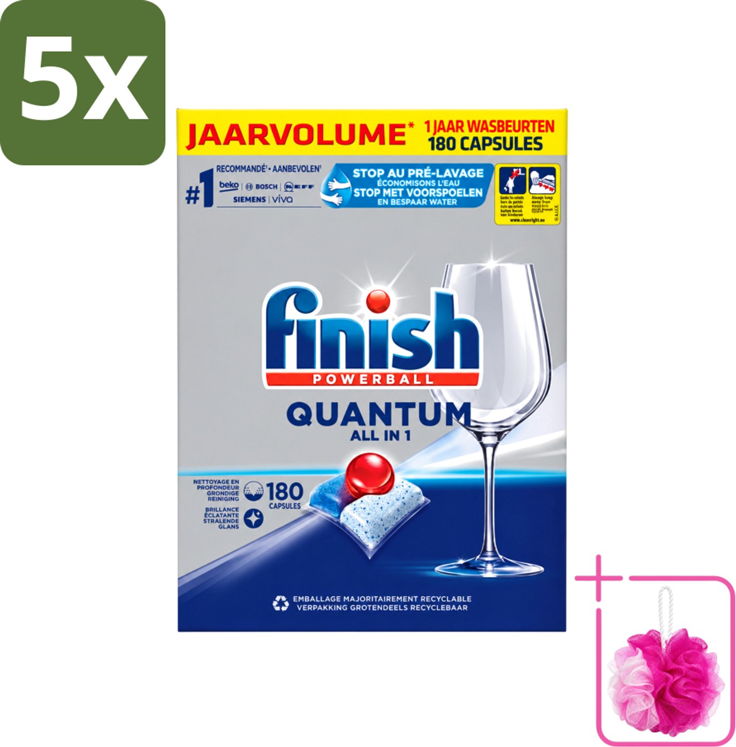 5 x Finish Powerball - Quantum All in 1 - Vaatwastabletten - 180 Tabletten - Bulkverpakking - Vaatwassen - Douchemop - Vaatwastabletten
