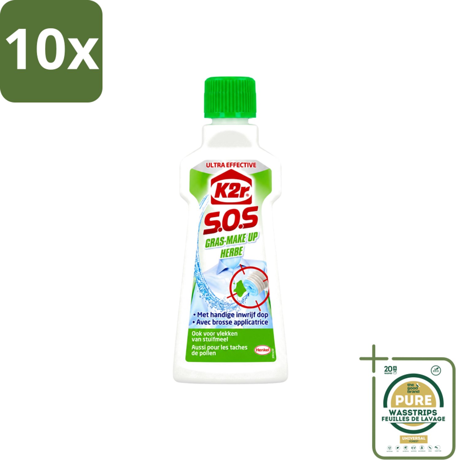 10 x K2R - SOS Vlekverwijderaar - Gras & Make-up - 50ml - Wasstrips - Vlekverwijderaar - Grasvlek - Make-upvlek - Textielverwijderaar - Vlekken Verwijderen