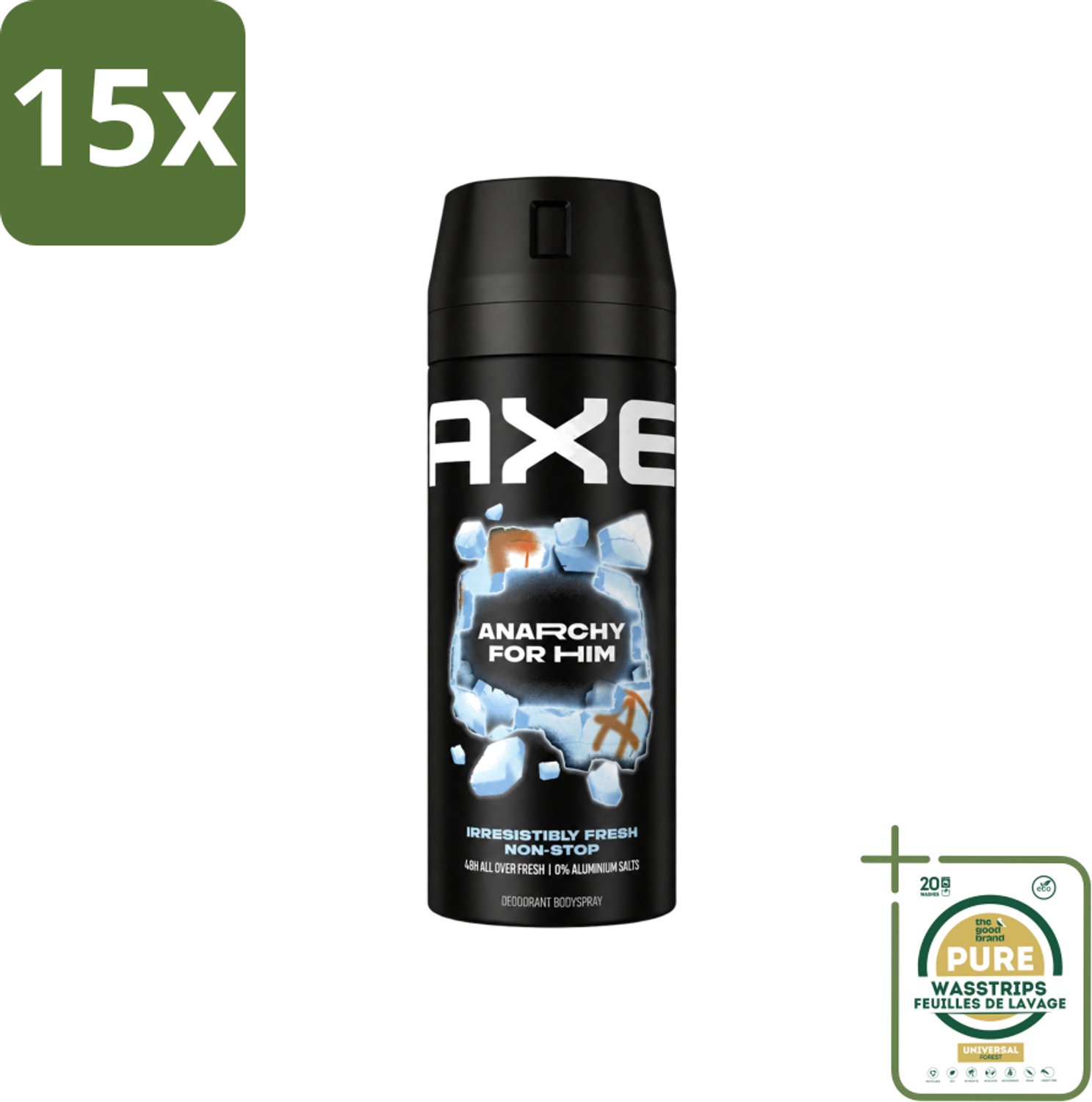15 x Axe - Deodorant Bodyspray - 48hrs Fresh - Anarchy for Him - Dark Pomegranate & Sandalwood - 150 ml - Wasstrips - 48 Uur Frisheid - Deodorant Bodyspray - Geur Van Granaatappel - Geur Van Sandelhout - Zinktechnologie