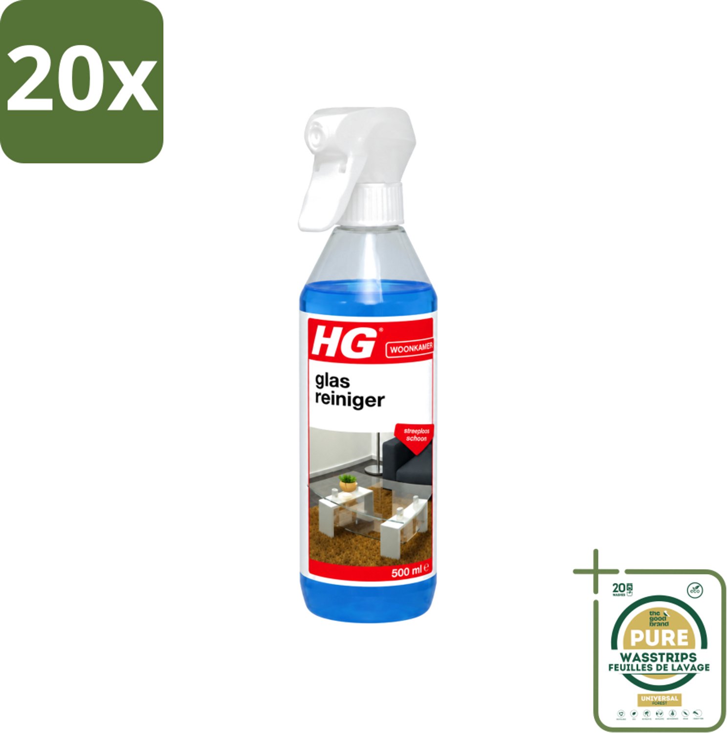 20 x HG - Glasreiniger Spray - Streeploos Schoon - Ontvet & Droogt Snel - 500 ml - Wasstrips - Glas Reinigen - Streeploos Schoonmaken - Glazen Reiniger - Spiegel Reinigen - Vet Verwijderen