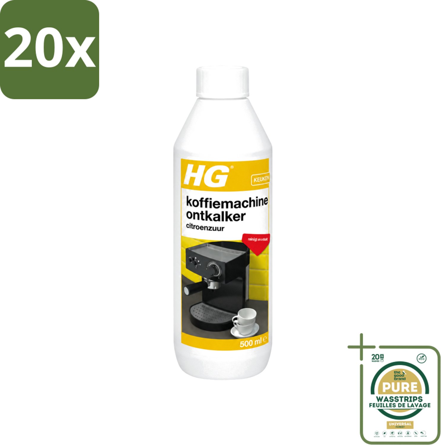 20 x HG - Koffiemachine Ontkalker - Op Basis Van Citroenzuur - Ideaal voor Senseo- & espressomachine - 500 ml - Wasstrips - Koffiemachine Ontkalker - Citroenzuur - Espresso Machine Ontkalker - Padkoffiemachine Ontkalker - Kalkverwijdering
