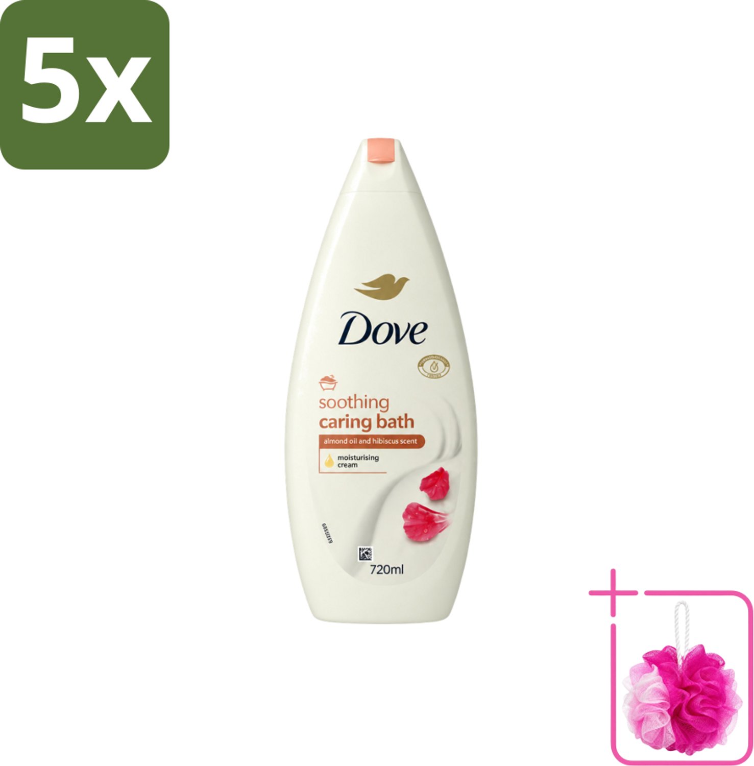 5 x Dove – Badcrème – Soothing Almond Oil & Hibiscus – 720 ml - Bulkverpakking - Douchegel - Douchemop - Huidverzorging
