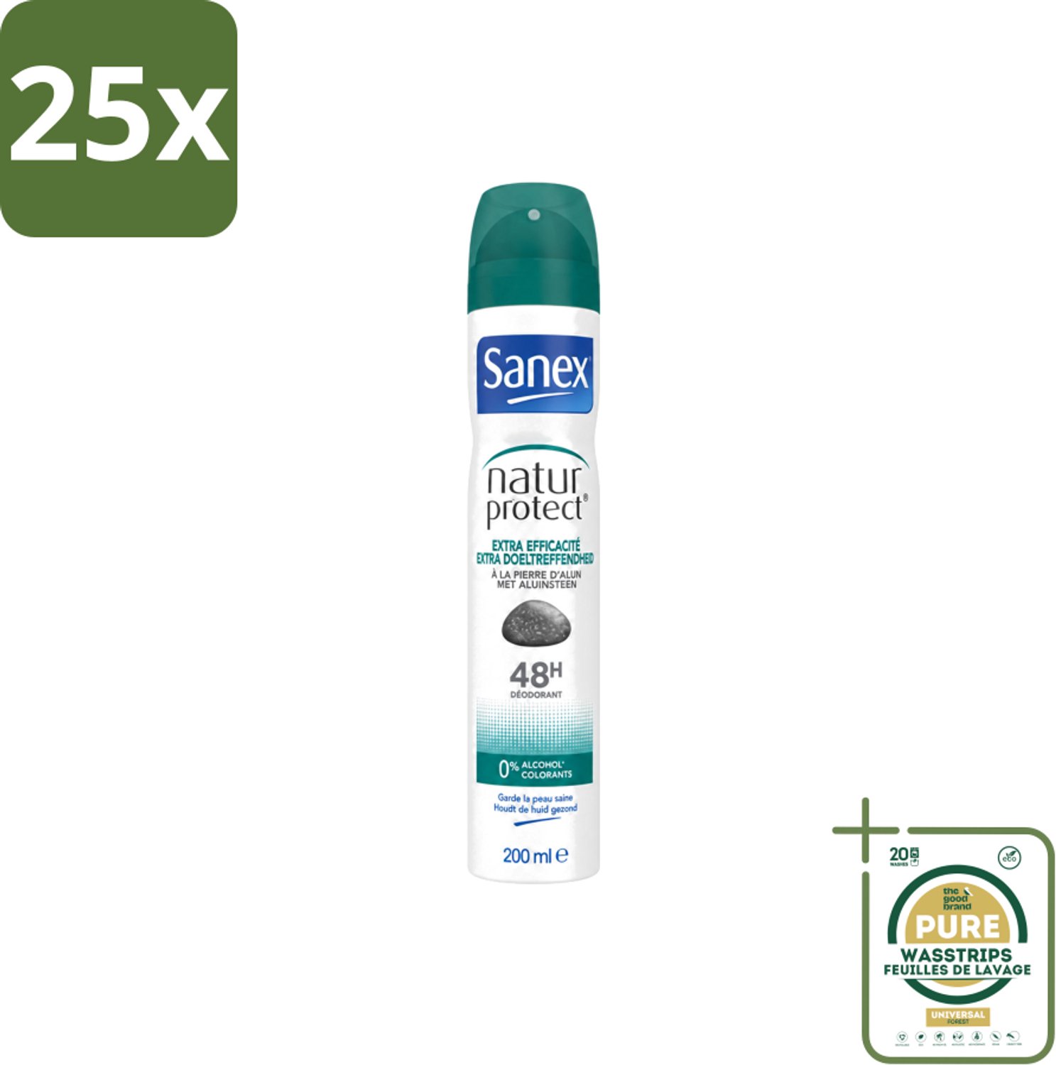 25 x Sanex – Deodorant Spray – Aluinsteen – 200 ml - Wasstrips - Deodorant Spray - Natuurlijke Deodorant - Aluinsteen - Frisse Geur - Huidvriendelijk