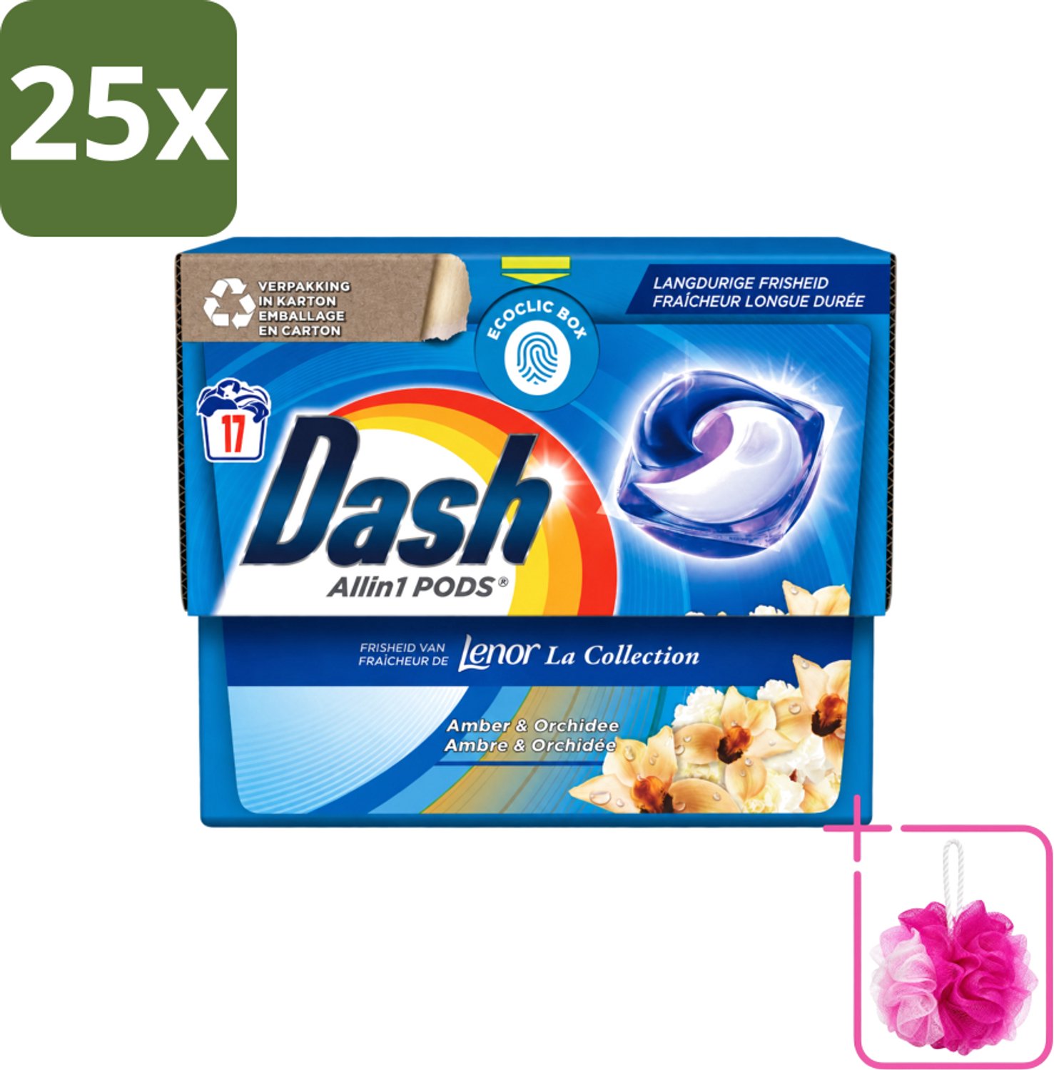 25 x Dash - Lenor Collectie - Wasmiddel Capsules - All-in-1 Pods - Witte en Gekleurde Was - Amber & Orchidee - 17 Wasbeurten - Bulkverpakking - Wasmiddel capsules - Douchemop - Wasbeurt