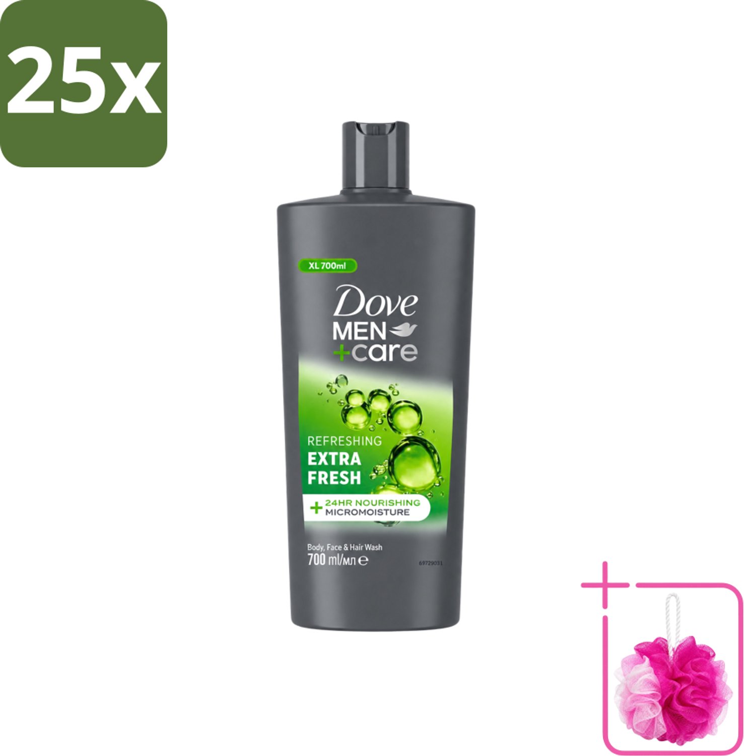 25 x Dove Men+Care - Extra Fresh - Douchegel 3-in-1 - Verzorgend - 700 ml - Bulkverpakking - Douchegel voor mannen - Douchemop - Verfrissende douche