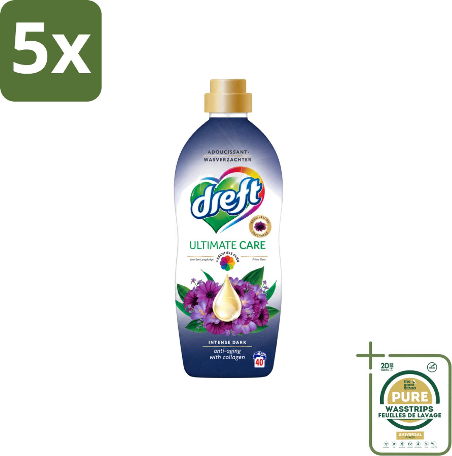 5 x Dreft – Wasverzachter – Ultimate Care Intense Dark – 40 Wasbeurten - Wasstrips - Wasverzachter - Kleurbescherming - Collageen - Wasgoed Verzorgen - Anti-aging Was