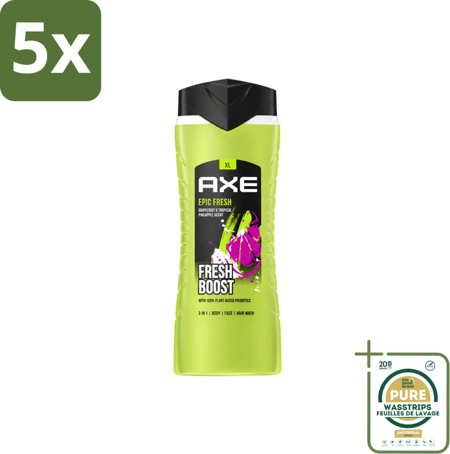 5 x AXE – Douchegel – Epic Fresh Fresh Boost 3-in-1 – 400 ml - Wasstrips - Douchegel - Frisheid - Lichaam - Gezicht - Haar