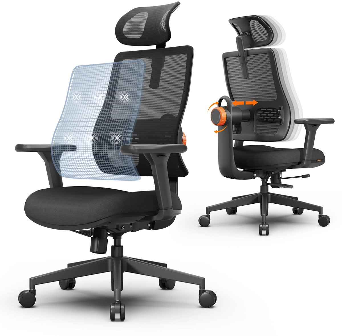 Newtral MagicH003 Ergonomische Bureaustoel met Hoofdsteun - 3D-verstelbare Armleuningen- Adaptieve Lendensteun- 96°-126° Kantelfunctie - Verstelling van de zitdiepte - Zwart