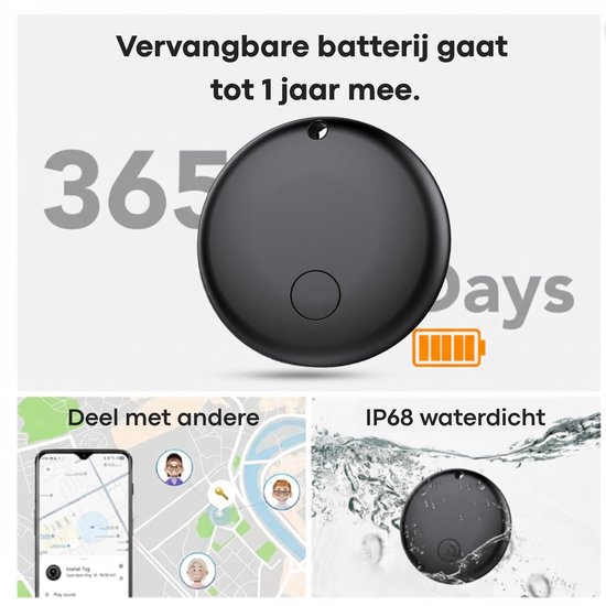 Zwarte, ronde Buzzy tracker, met batterij-indicator en tekst over 365 dagen gebruik.