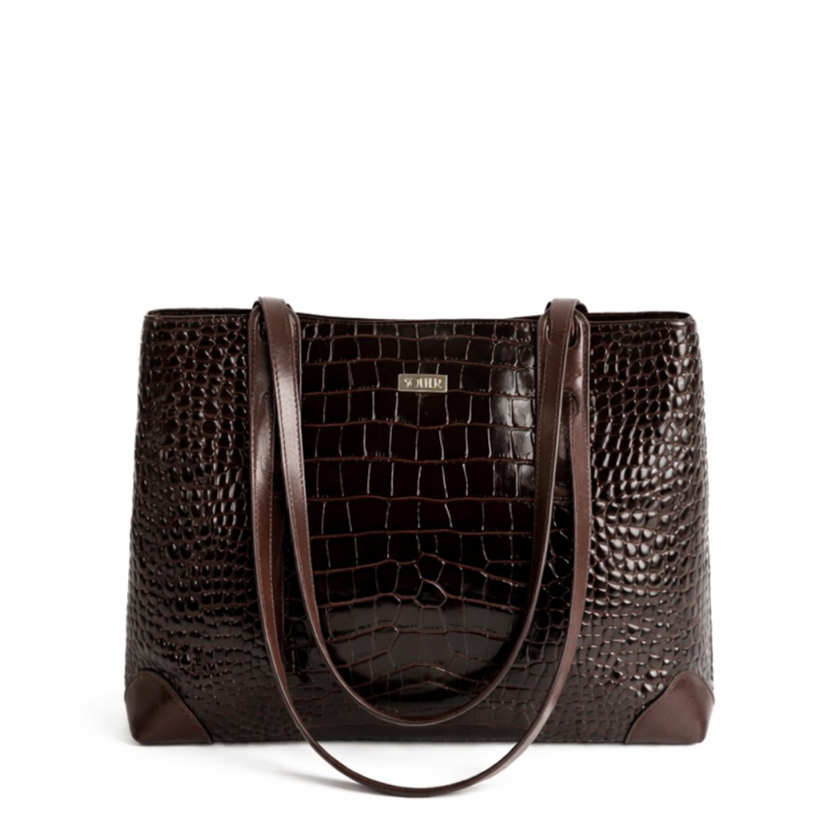 Solier FL56 ALEN shopper dames – grote leren schoudertas van gelakt leer met rits – bruin