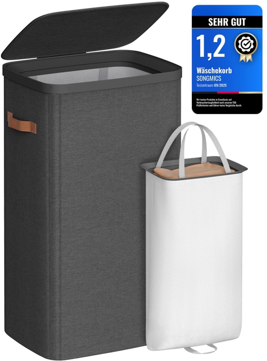 Wasmand, 100 L Wasmand, Eenvoudige montage, met deksel en handgrepen, Verwijderbare waszak, 42 x 32 x 75 cm, Inktzwart