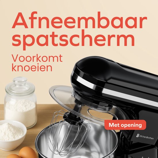 Zwarte KitchenBrothers keukenmachine met afneembaar spatscherm met opening. 'Afneembaar spatscherm'.