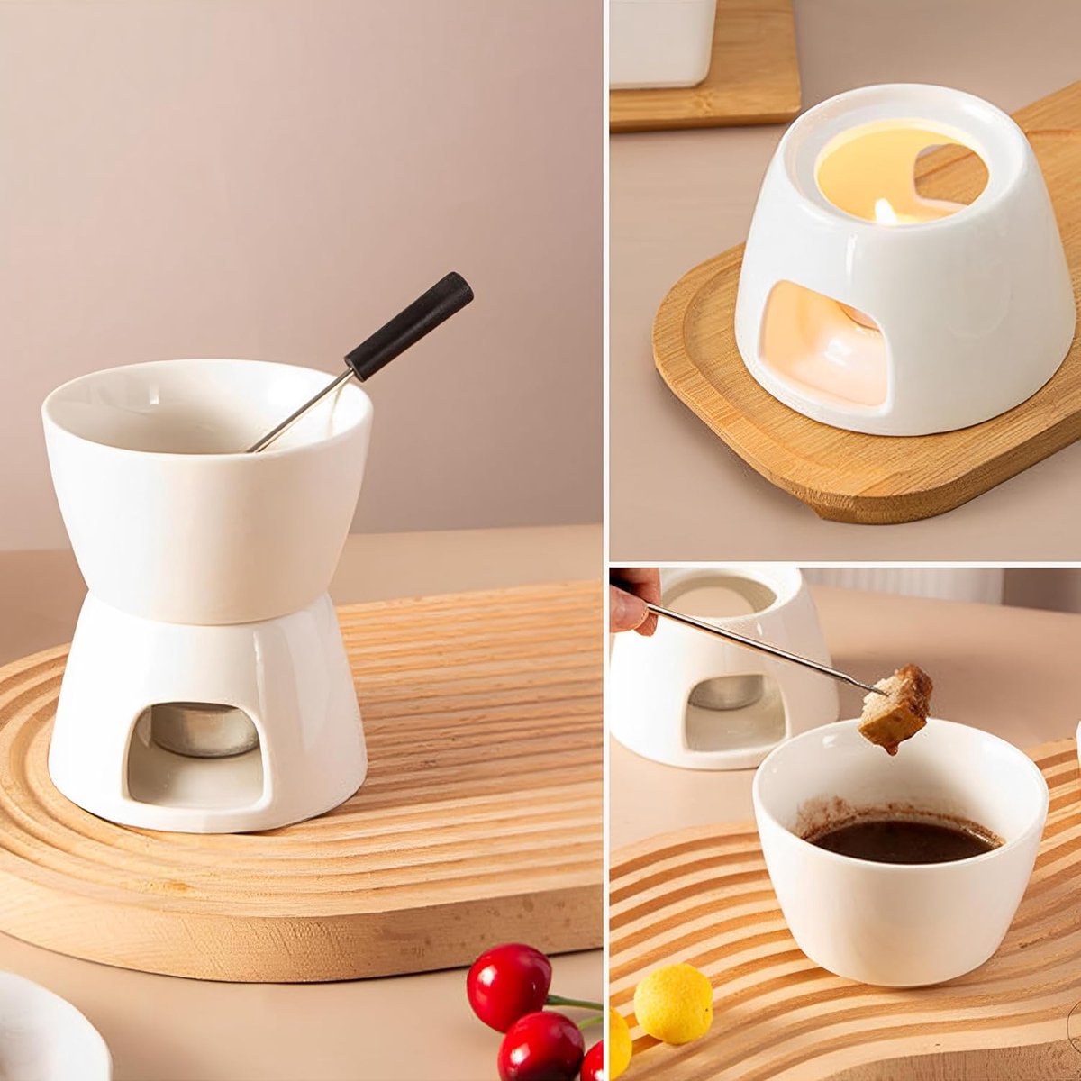 Kaasfondue Set - Met Waxine Kaars Inbegrepen - Fonduepan - Ook voor Chocolade - Chocolade Fondue - Porseleinen Fondue - Wit – foto 4