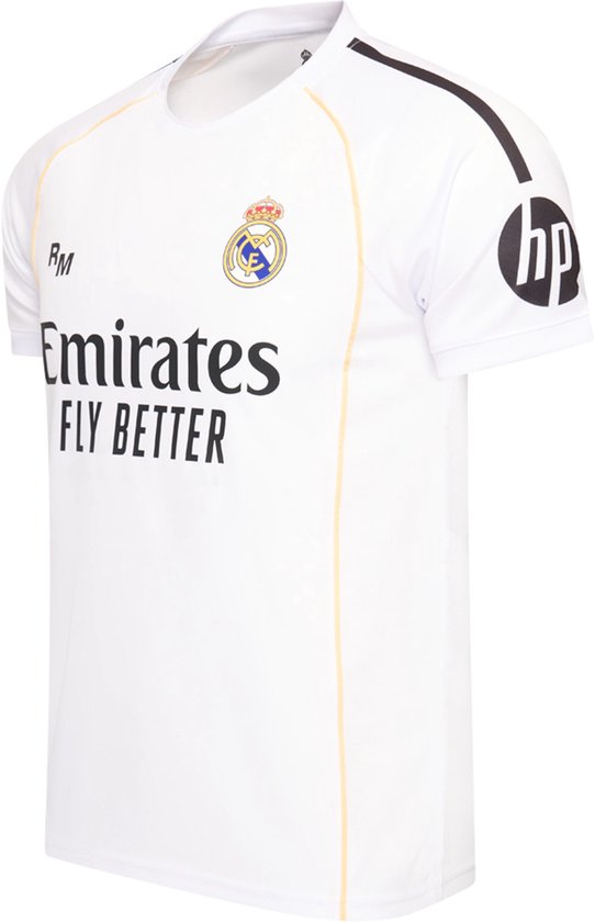 Wit Real Madrid voetbalshirt met 'Emirates FLY BETTER' logo op de borst en 'HP' logo op de mouw.