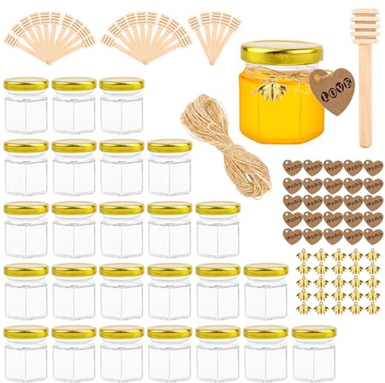 Hexagon Potjes voor Jam - Verpakking van 25 Stuks - 45 ml - Kleine Bewaarpotjes met Deksel en Houten Lepeltjes - Gouden Deksel en Bijen Hangertjes