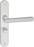 Aluminium deurkruk met ovaal deurschild en nachtslot, mat zilver.
