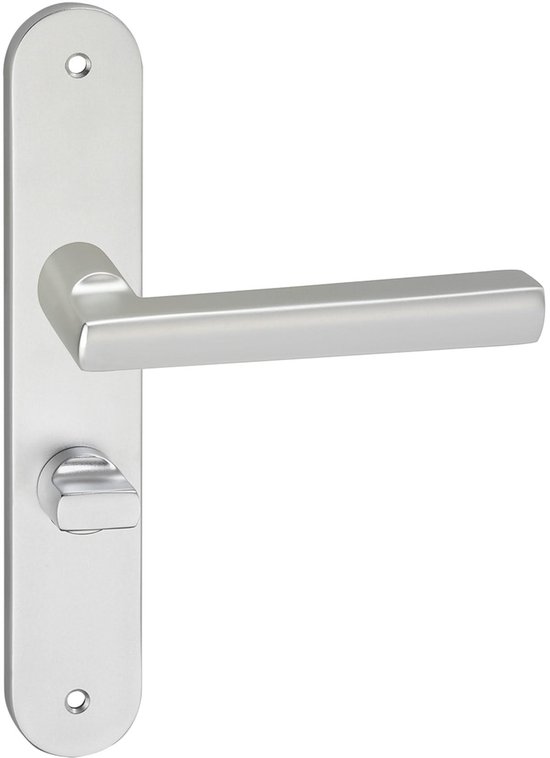 Aluminium deurkruk met ovaal deurschild en nachtslot, mat zilver.