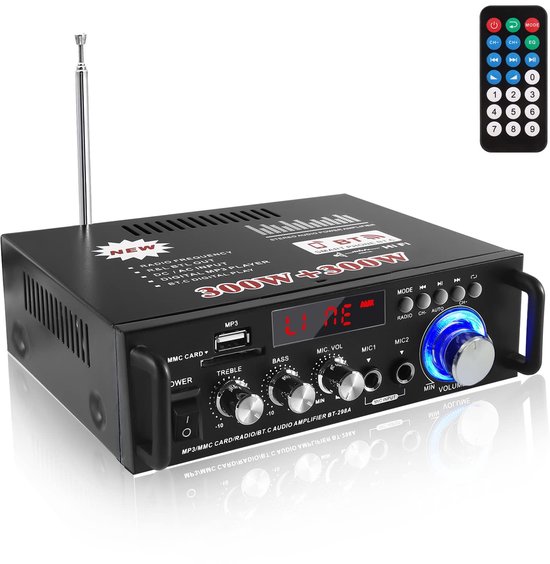 Mini-versterker - HiFi-versterker - Bluetooth 5.0-stereo - 12V/240V - 600W - Dual Channel - LCD-scherm - Draagbare FM-radio met Hoge Resolutie - SD/USB-kaartingang - voor Gebruik Thuis of in de Auto