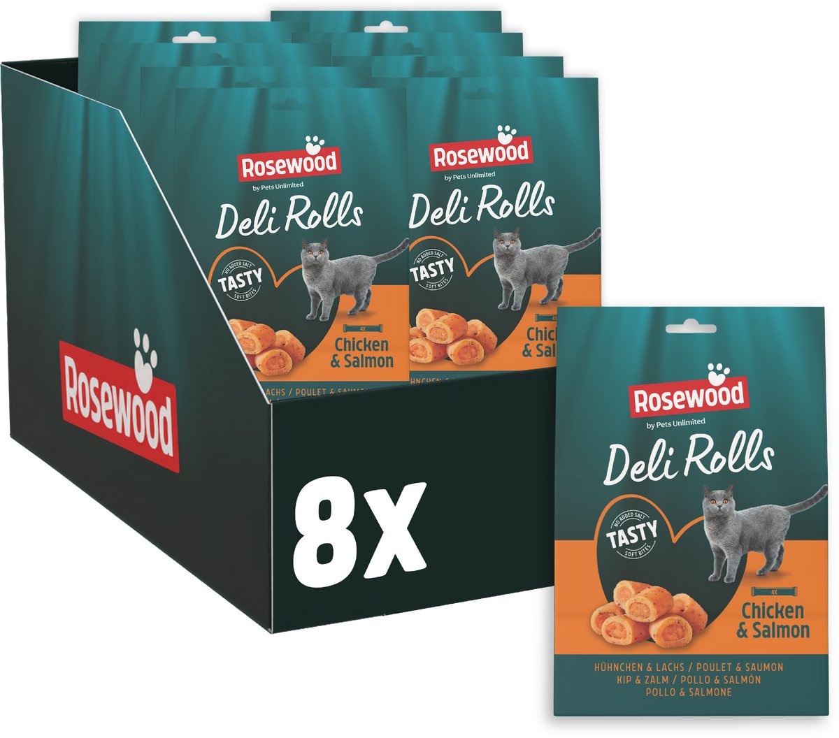 Rosewood Deli Rolls Kip & Zalm- Kattensnack met Zalm- Zonder Toegevoegd Zout of Suiker - 8 zakjes à 40g