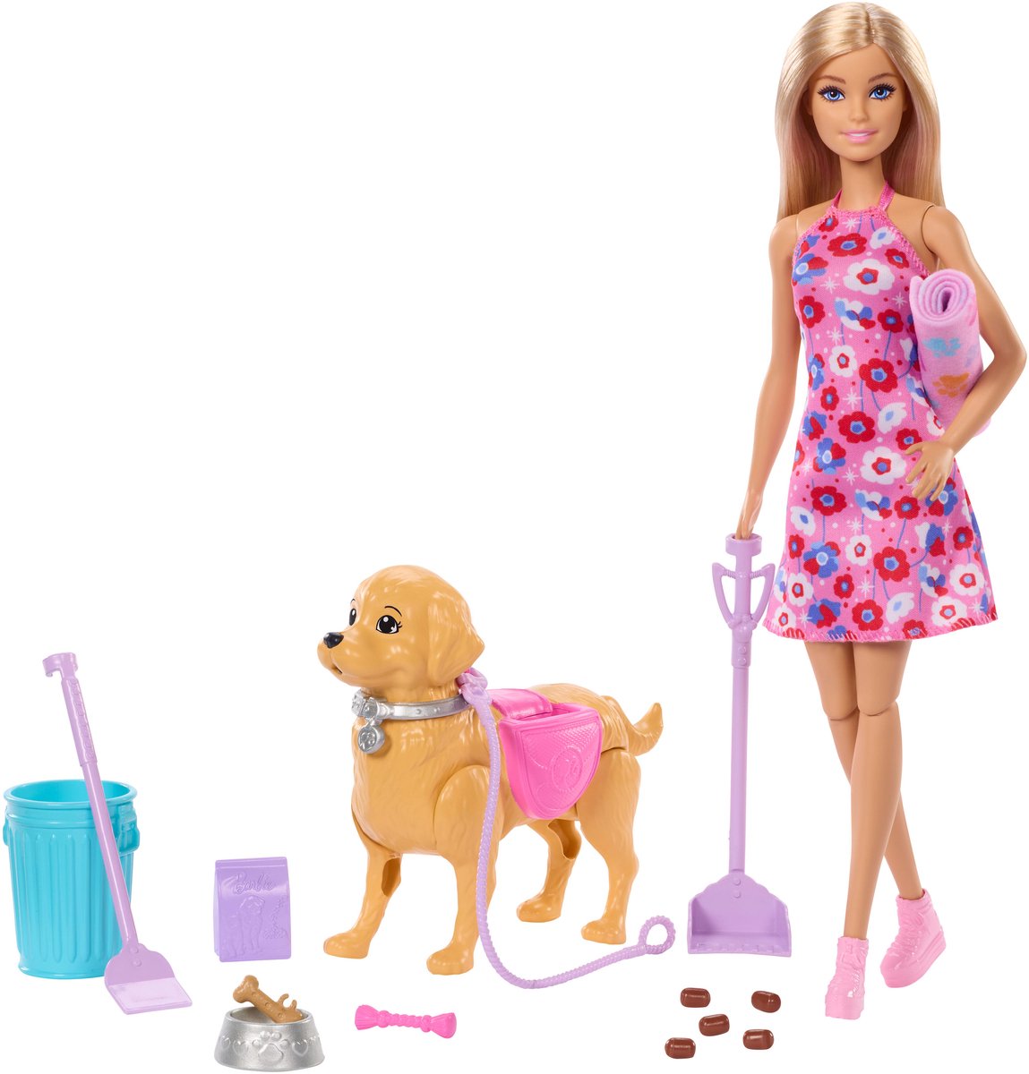 Barbie Malibu Wandelpuppy speelgoedset - Pop en hond die kan poepen en accessoires