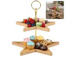 Cheqo® Kerst Etagere - 2 Lagen - Bamboe Etagere - Stervorm Etagere - Kerstdecoratie - Serveertoren - Bamboe En Metaal - Kersttafel Decoratie - Lichtgewicht Etagere - Kerstontbijt - Kerstdiner
