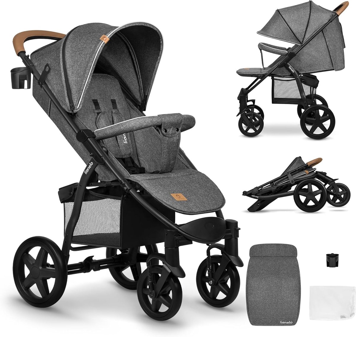 Lionelo Buggy Annet Plus – Lichtgewicht & Inklapbaar – Grote Massieve Wielen met Vering – Inclusief Voetenzak, Klamboe & Bekerhouder – Verstelbare Rugleuning & Voetsteun – Wandelwagen vanaf de geboorte tot 22 kg – Kinderwagen