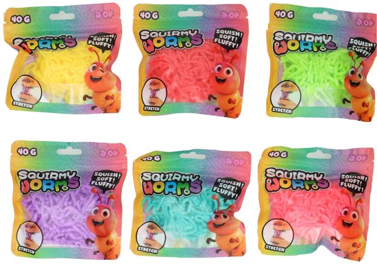 Johntoy Squirmy Worms – 40 Gram Zak Met 6 Kleuren Kronkelwormen, Zacht En Fluffy, Eindeloos Speelplezier