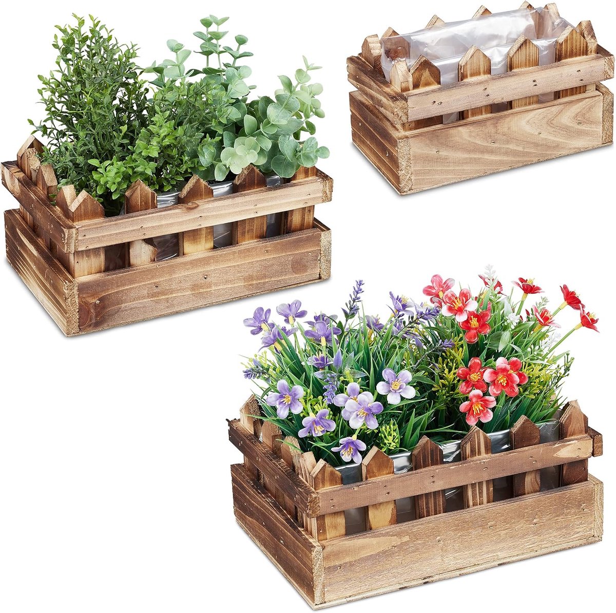 Famanu – Plantenbak hout set van 3 hekvorm met binnenfolie voor vensterbank en balkon naturel