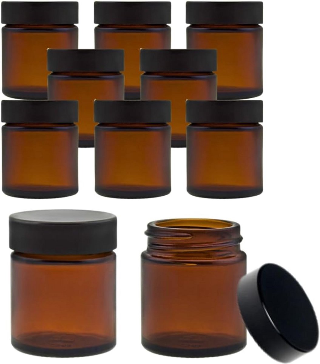 10 kleine glazen potjes 30 ml van bruin glas incl. etiketten
