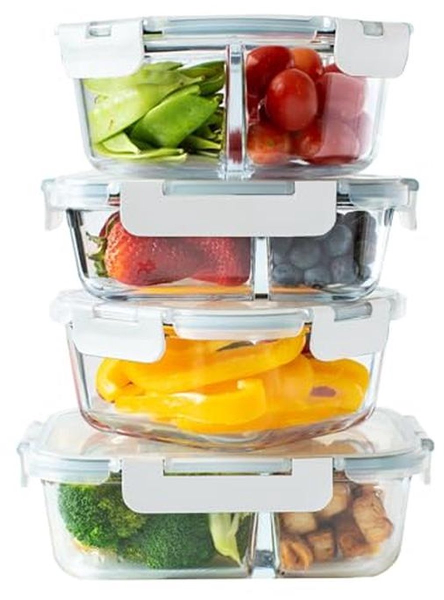 Glazen voedselopbergcontainers met deksels - 4-delig set in houtskool grijs