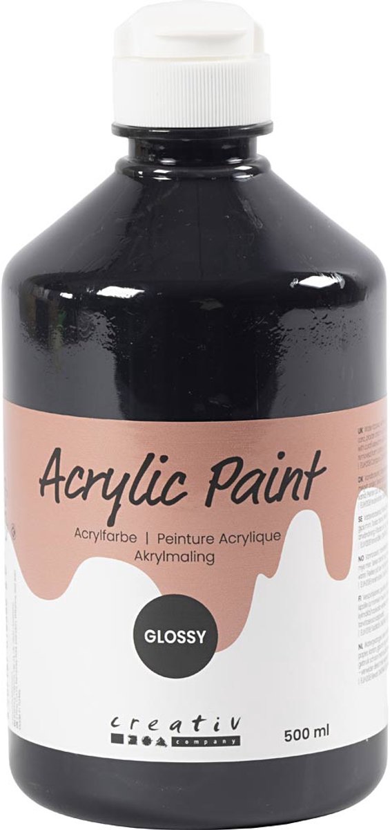 Acrylverf Glossy, zwart, 500 ml/ 1 fles